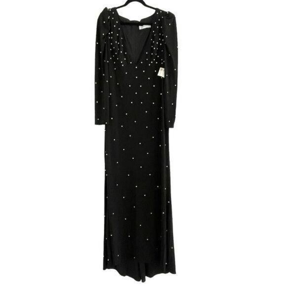 Mac Duggal $598 Black Long Sleeve Rhinestone Formal Jersey Maxi Gown Long Dress - Picture 4 of 11